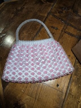 Pink & White Beaded Handbag with Clear Handle